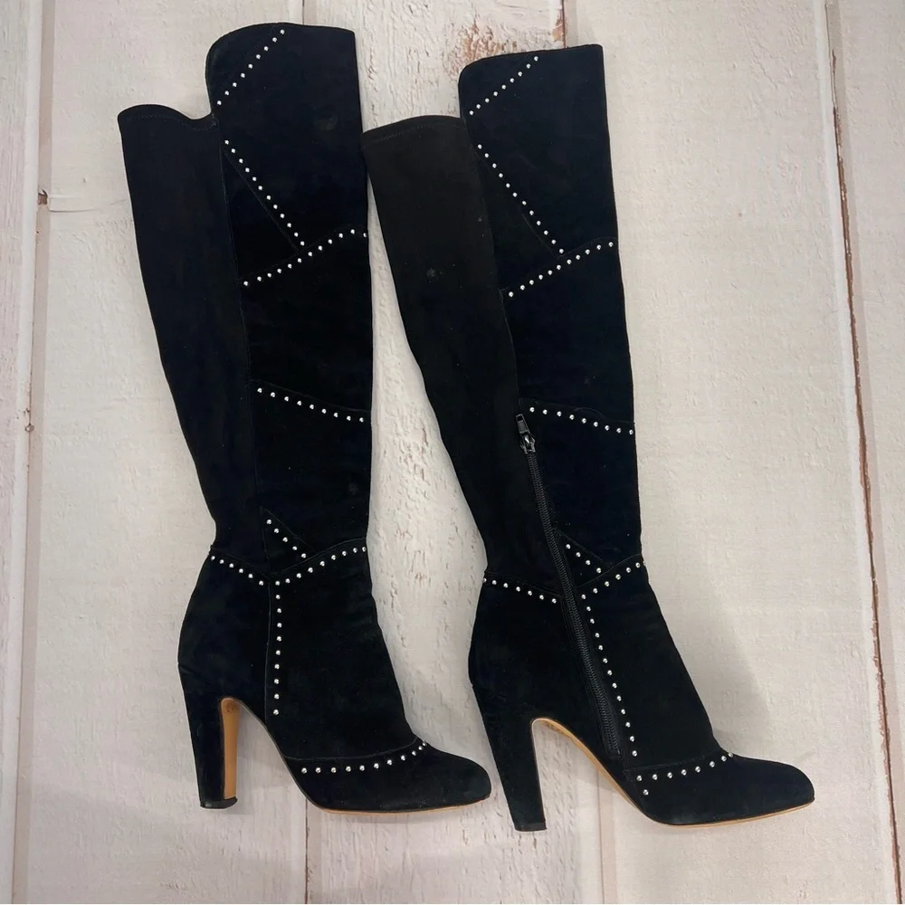 VINCE CAMUTO Carlene‎ Black Embellished Leather Suede Over The Knee Boots 6 1/2M